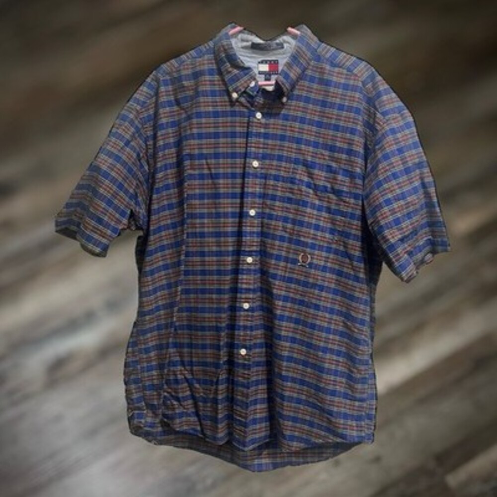 Tommy Hilfiger Men's Plaid Short Sleeve Button Down XL - 100% Cotton Shirt